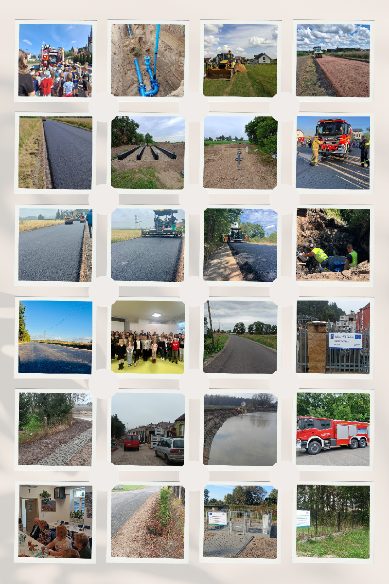 kolaż zdjęć z inwestycjami gminnymi