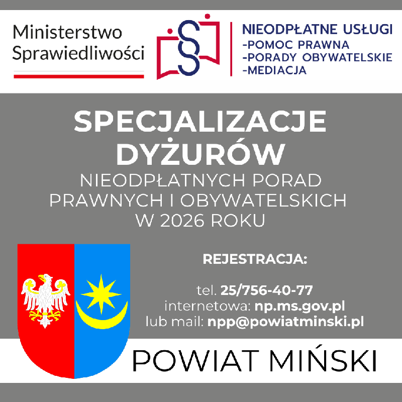  Specjalizacje dyżurów darmowych porad prawnych i obywatelskich w 2026 r.
