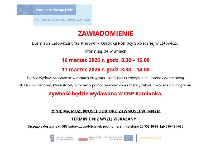zawiadomienie pomoc żywnościowa