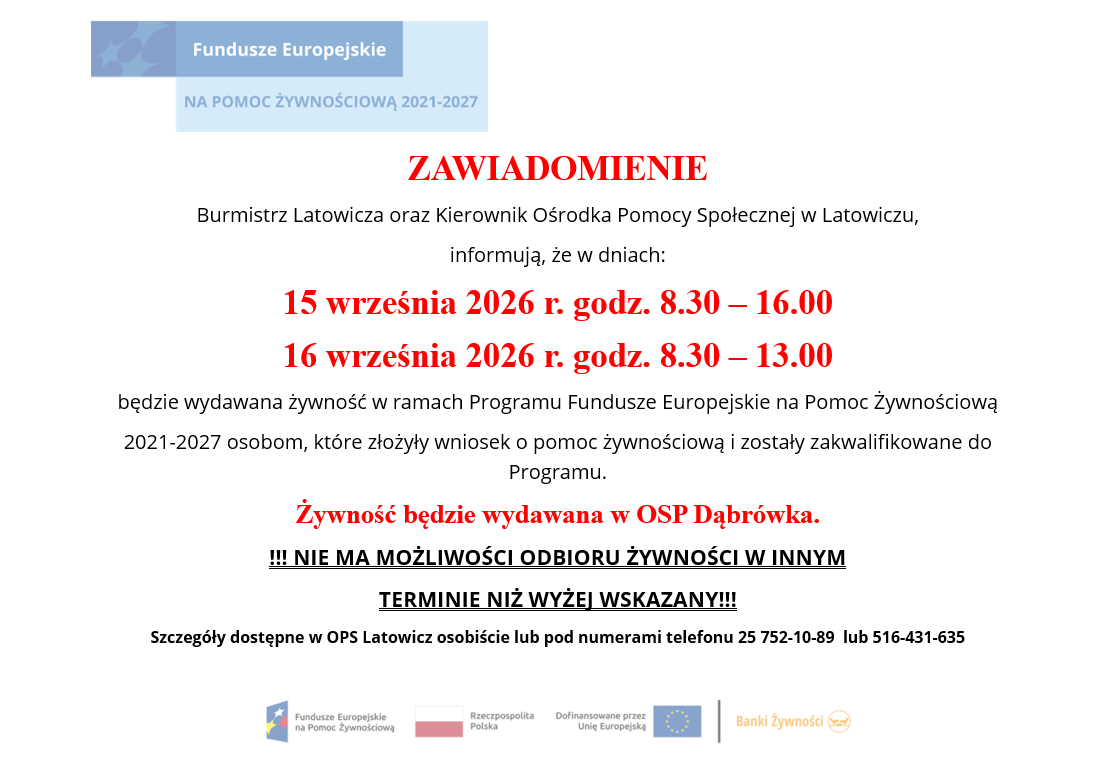 zawiadomienie pomoc żywnościowa