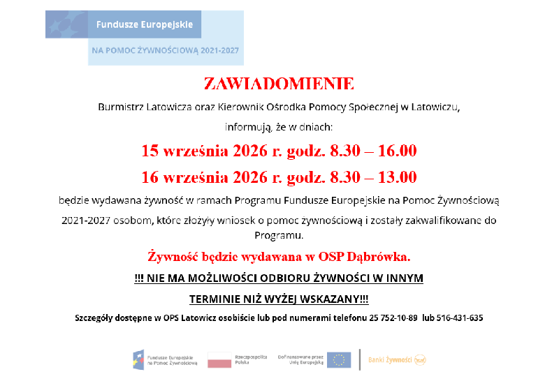 zawiadomienie pomoc żywnościowa
