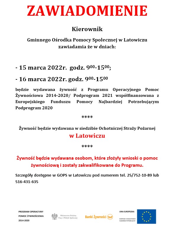 zawiadomienie nt. pomocy żywnościowej