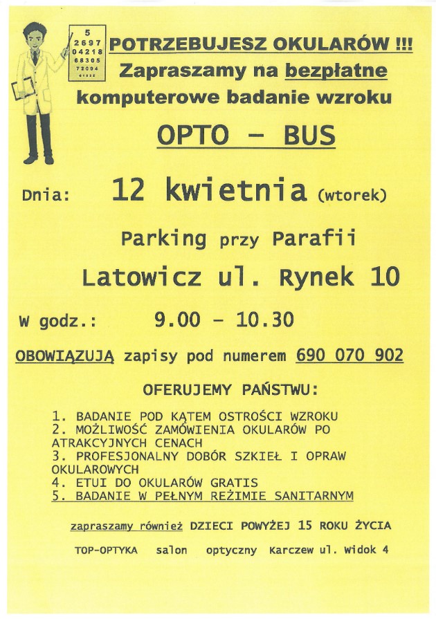 treść zaproszenia na badanie komputerowe wzroku w dniu 12 kwietnia br. w Latowiczu, ul. Rynek 10
