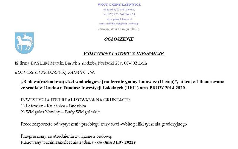 informacja nt. ropoczęcia budowy wodociągu w Latowiczu, Budziskach, Budach Wielgoleskich, Wielgolesie