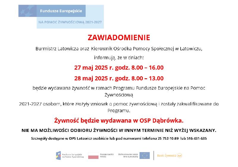 zawiadomienie pomoc żywnościowa